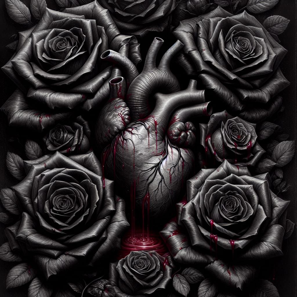 Black Roses Enveloping Bleeding Heart in Dark Realism