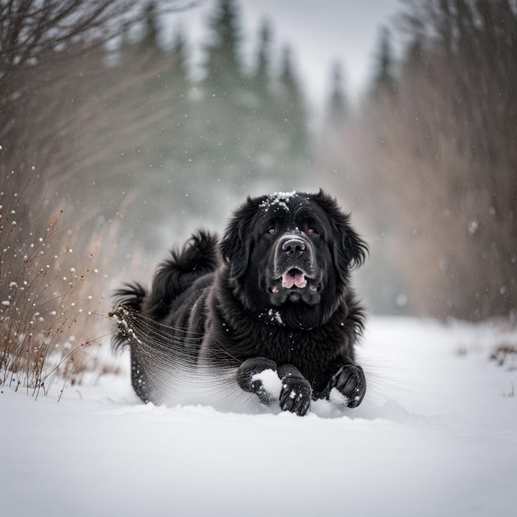 Happy Newfoundland Dog Playing in Snow