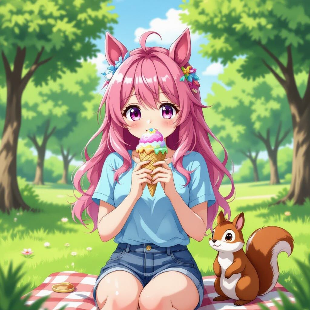 Anime Girl with Horse Ears in Summer Park