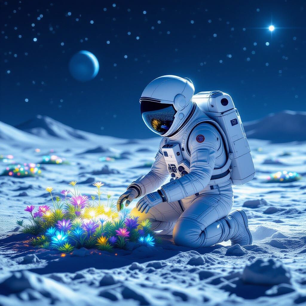 Astronaut Tends Alien Garden on Moon in Hyperrealistic Style