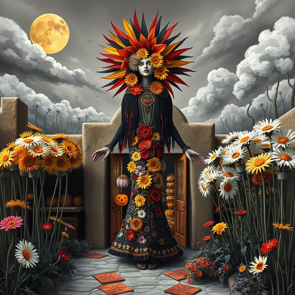 Grand entrance to a Southwestern market at Halloween Flowers Native American Flower spirit-woman in a Million Dandel...