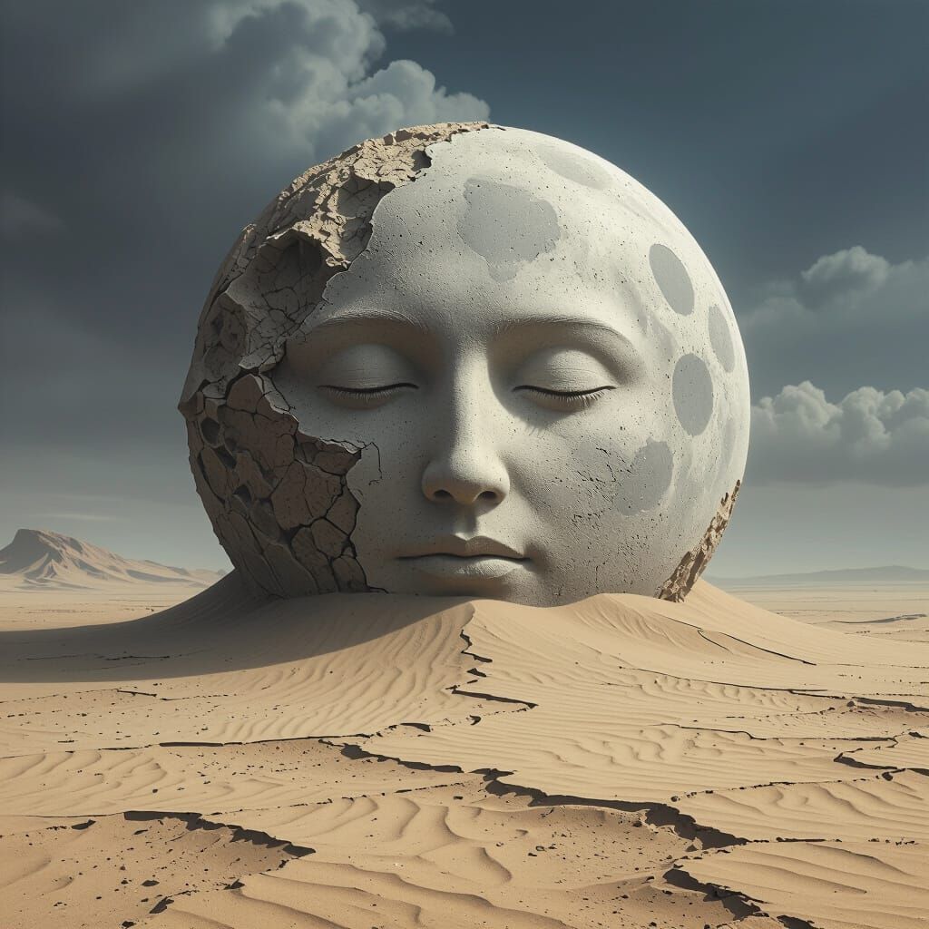 Surreal Moon Face Eroding into Dystopian Desert