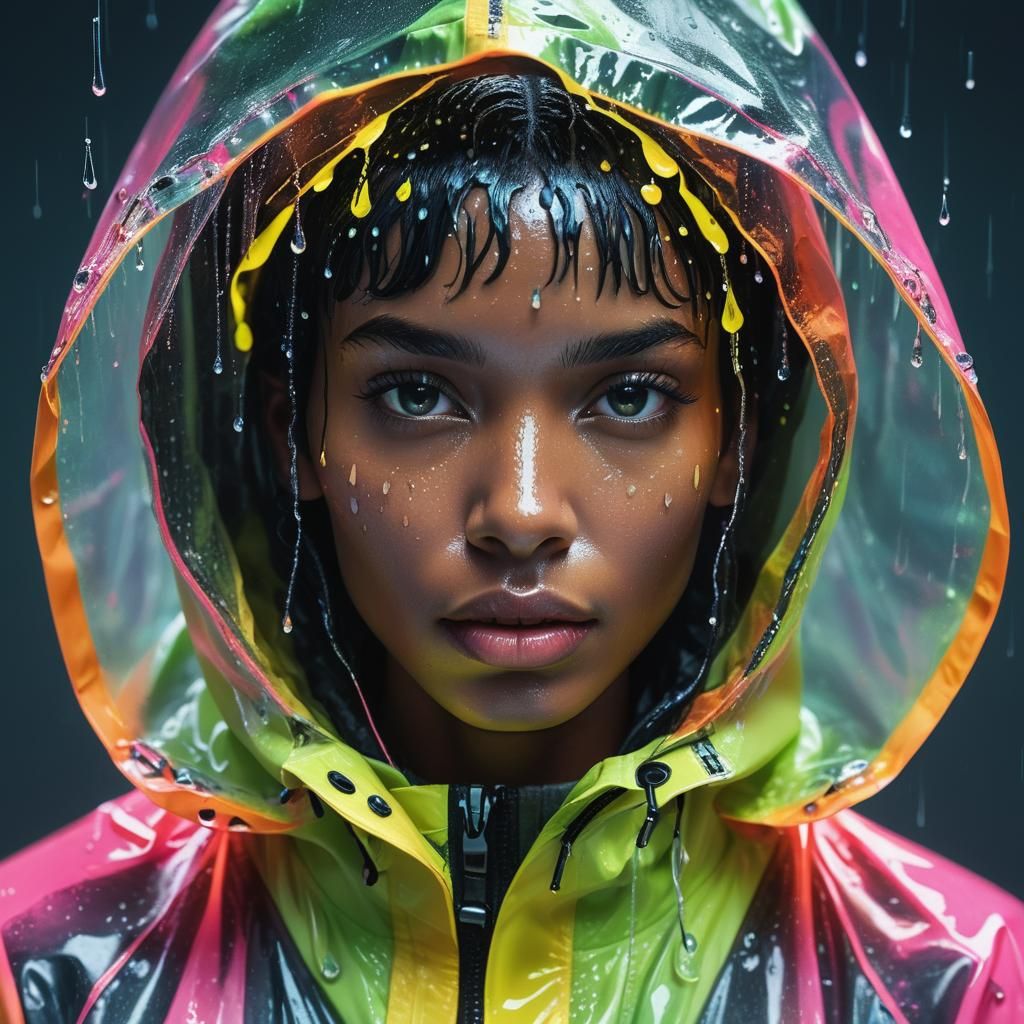 Neon Raincoat Portrait in Dimensional Light
