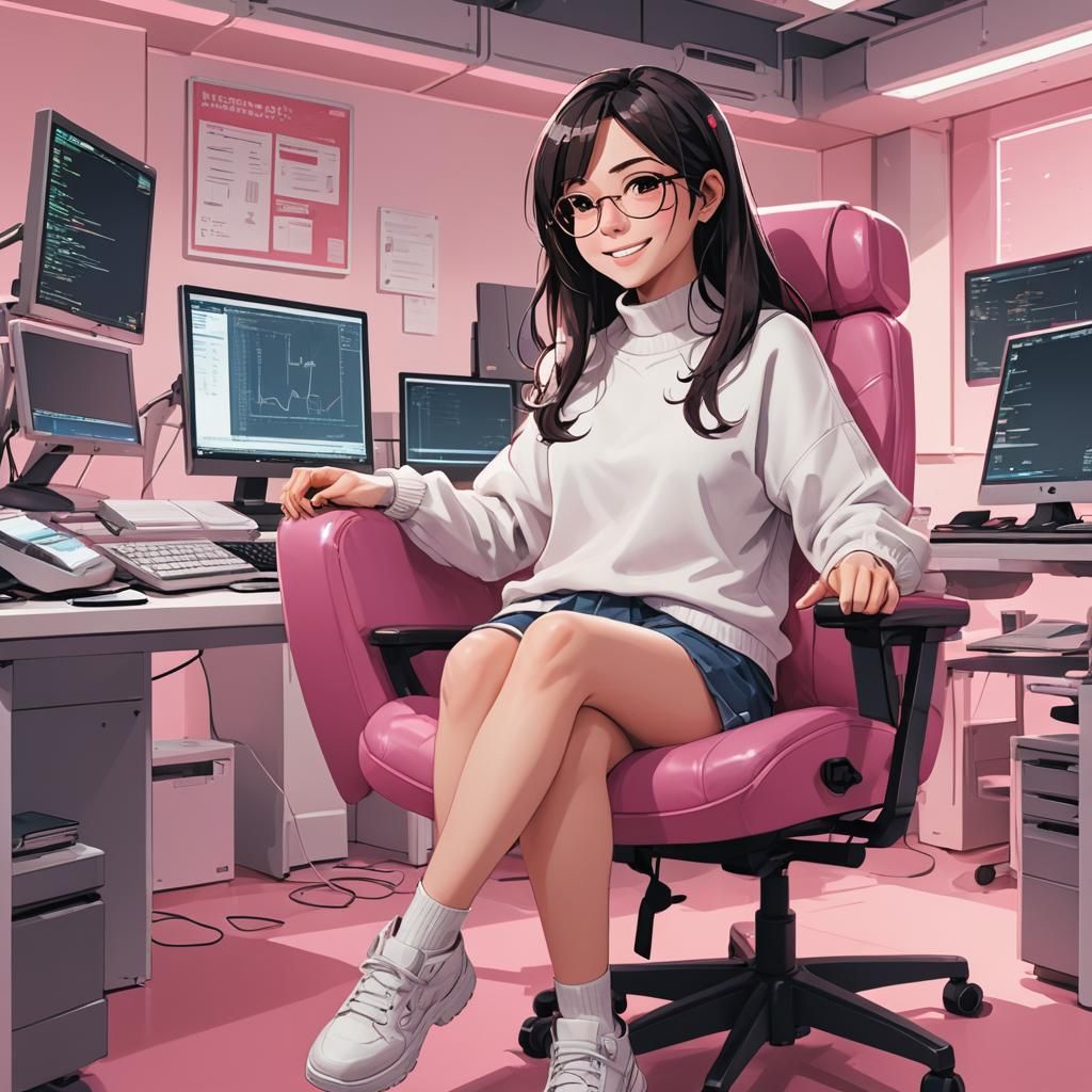 Anime Girl Coding in Pink Office, Cel-Shaded Style