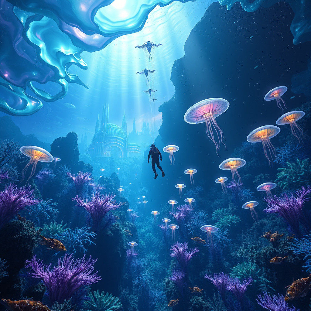Diver in Iridescent Alien Ocean, Matte Painting