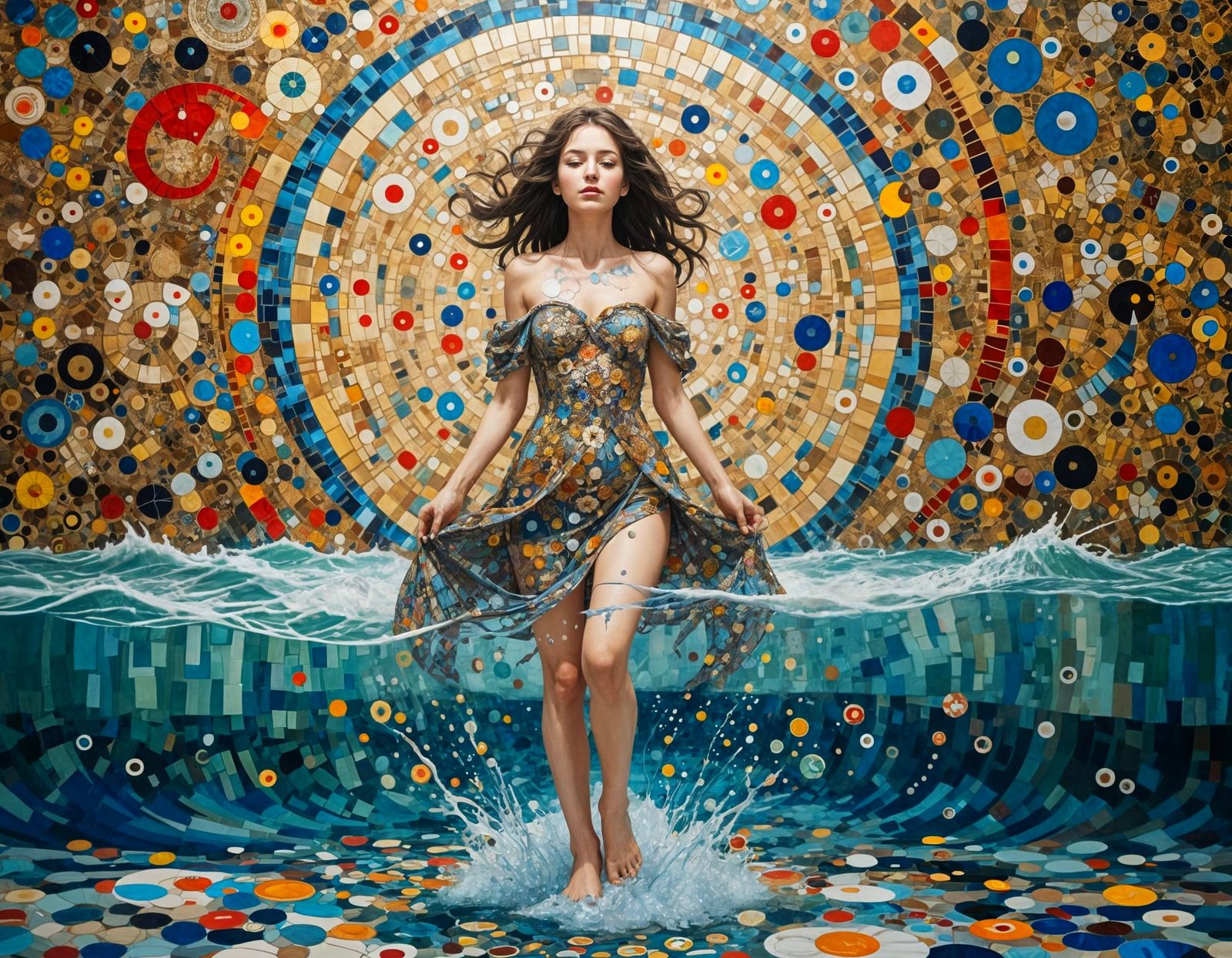 Woman Walks on Iced Glass Sea Amidst Dreamlike Mosaic