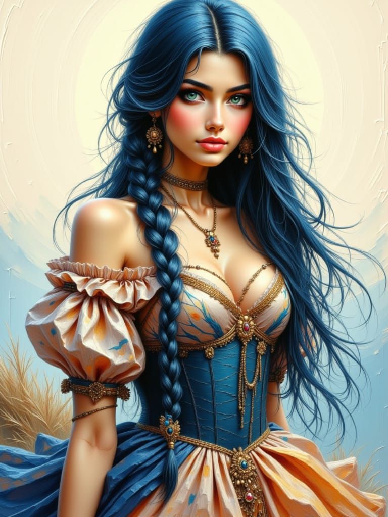 Beautiful Woman with Long Braided Hair on Cliff