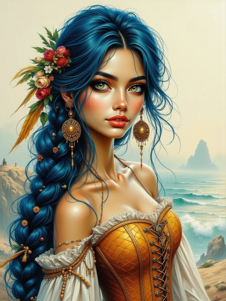 Dark Blue Braided Hair Woman on Cliff in Watercolour