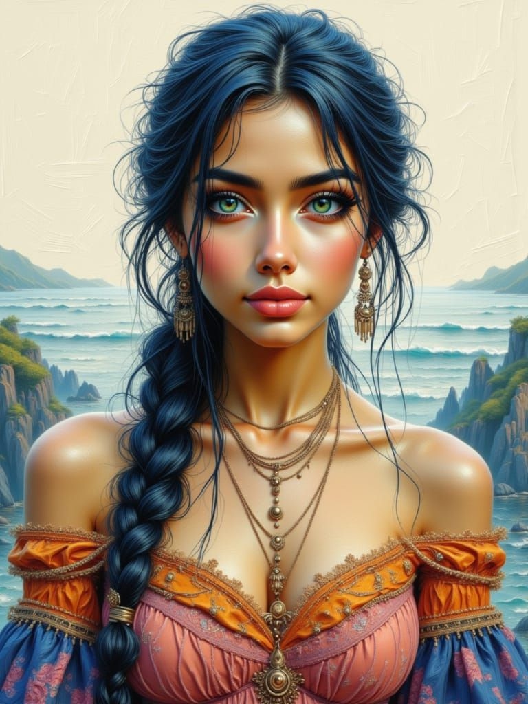 Concept Art Portrait of a Woman with Blue Braided Hair