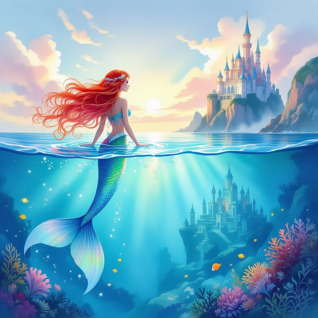 Mermaid Emerges from Ocean to Fantastical City and Castle