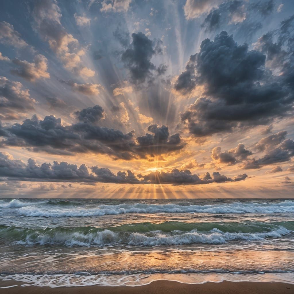 Cloudy Sunrise Beach with Hidden Sun Rays