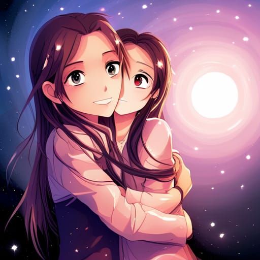 Sisters Embrace in Starry Night Sky: Fantasy Art