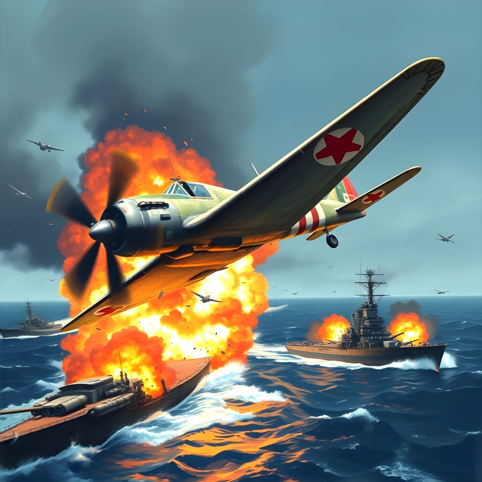 WWII Battleship Ablaze After Japanese Plane Explosion