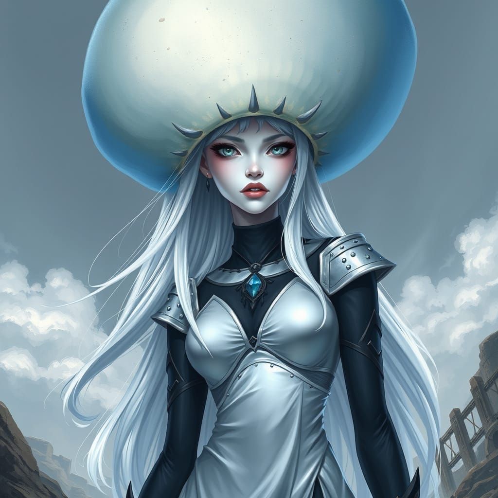 Mushroom-Headed Woman in Gothic Anime Style