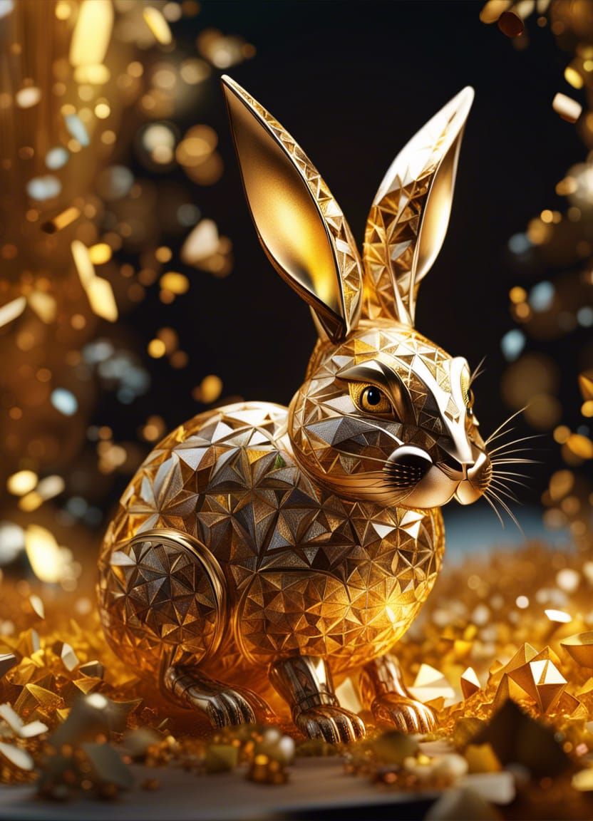 Gleaming Crystal Rabbit in Golden Explosion