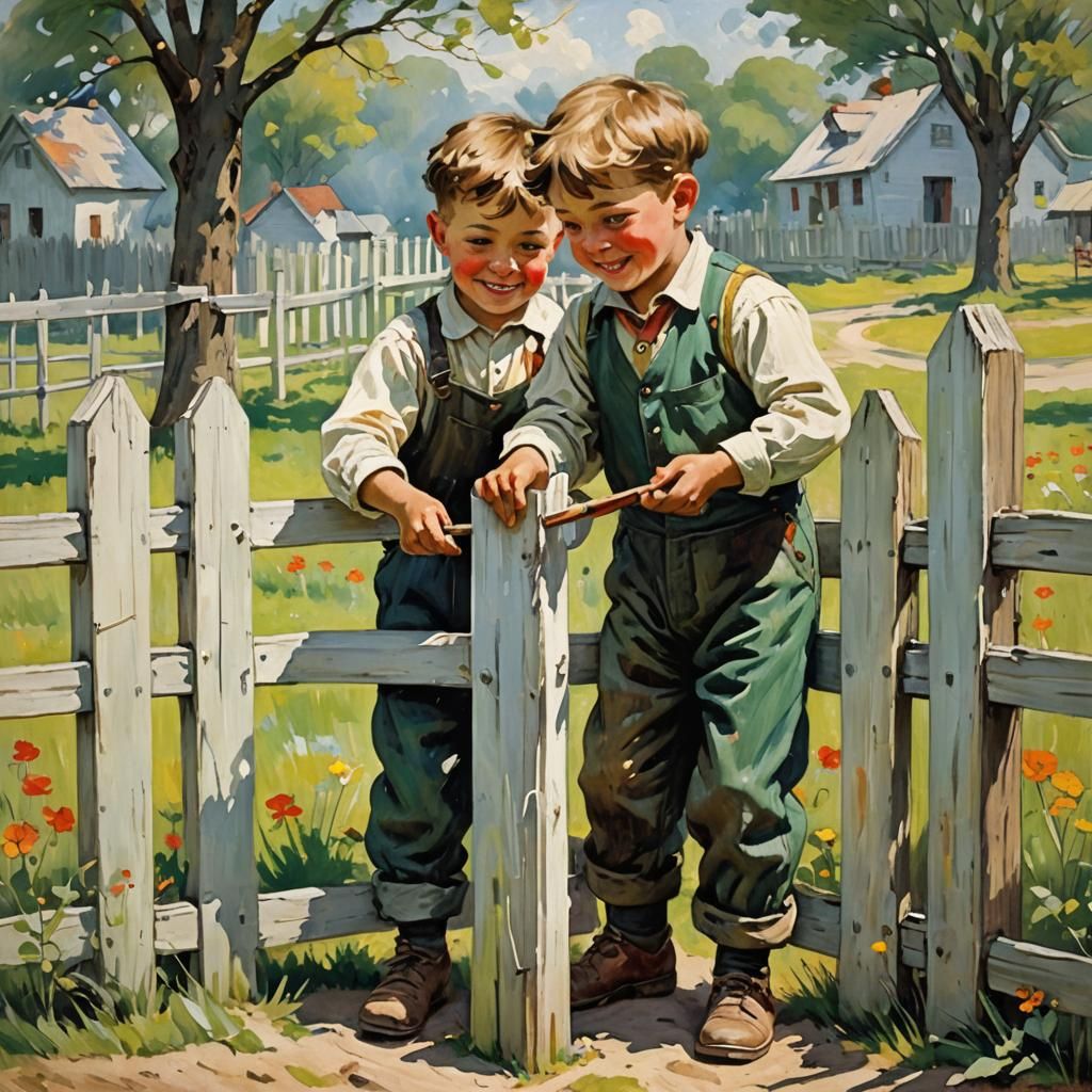Boy Painting Fence in 1910s Oil Painting Style