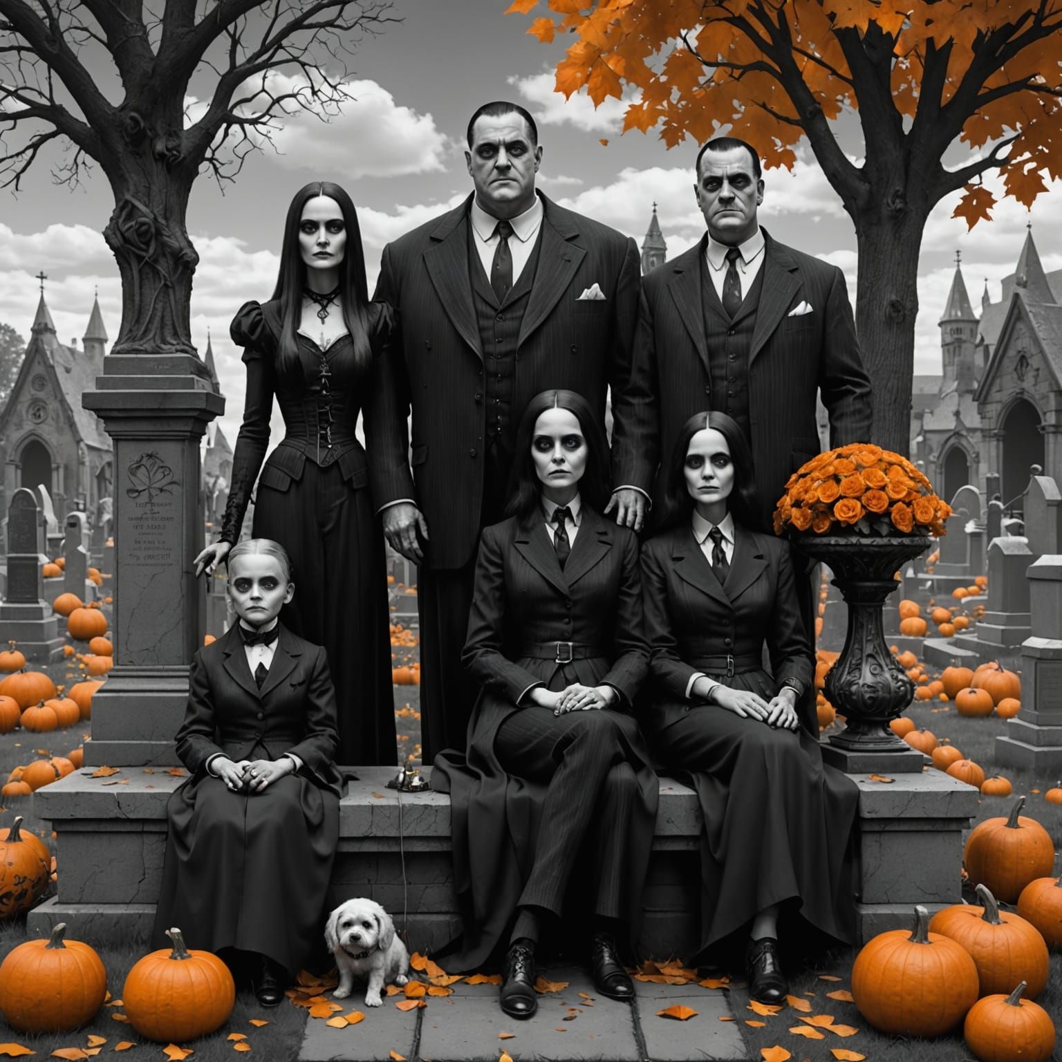 The Addams Family in a Haunting Cemetery Scene, in Black and...