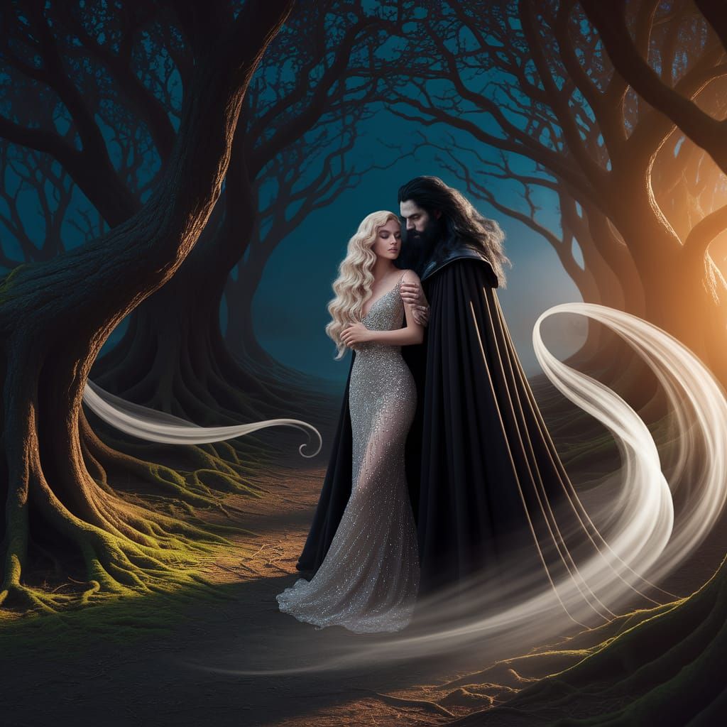 Dark Sorcerer and Blonde Woman in Shadowy Forest