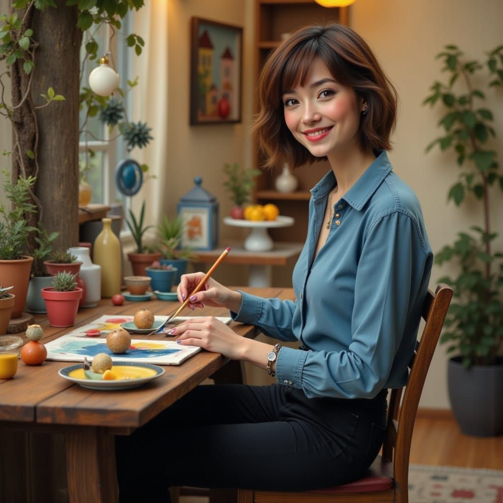 Smiling Woman Paints Rocks at Table