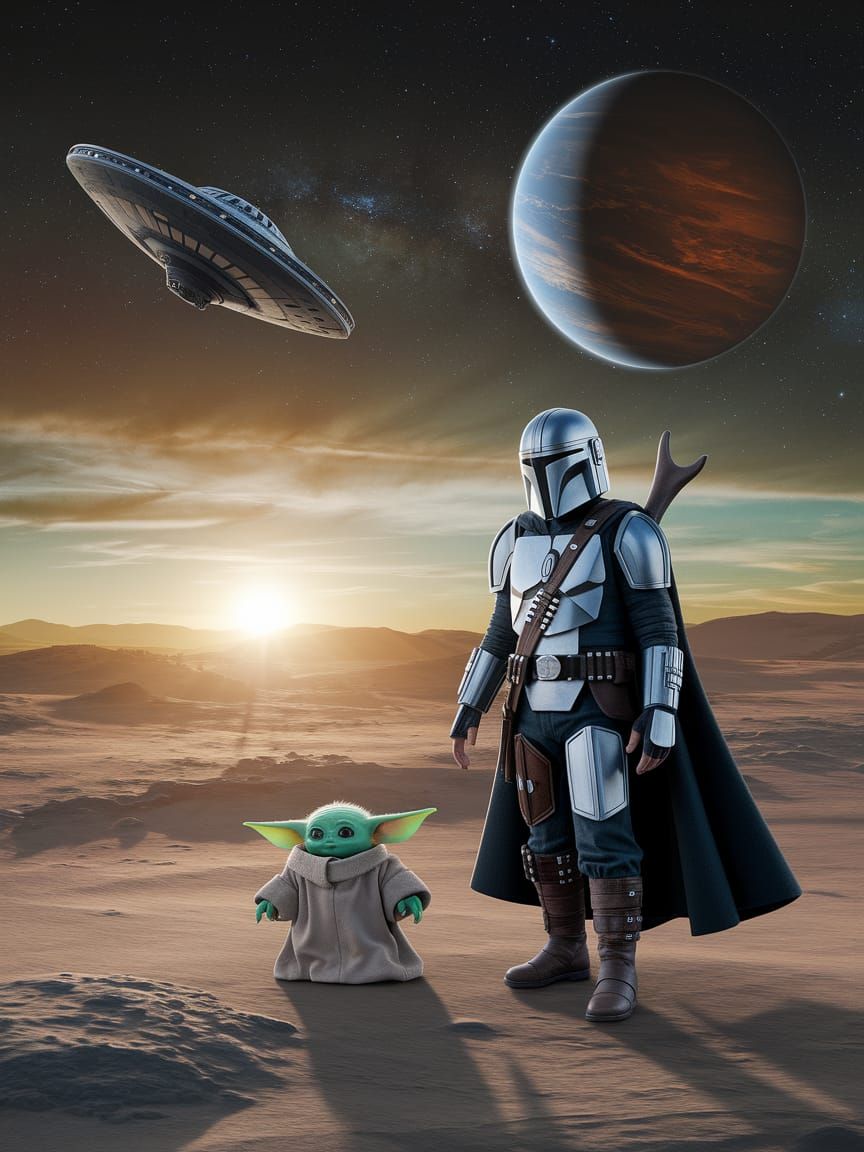 The Mandalorian and Grogu in a Vibrant Galactic Landscape