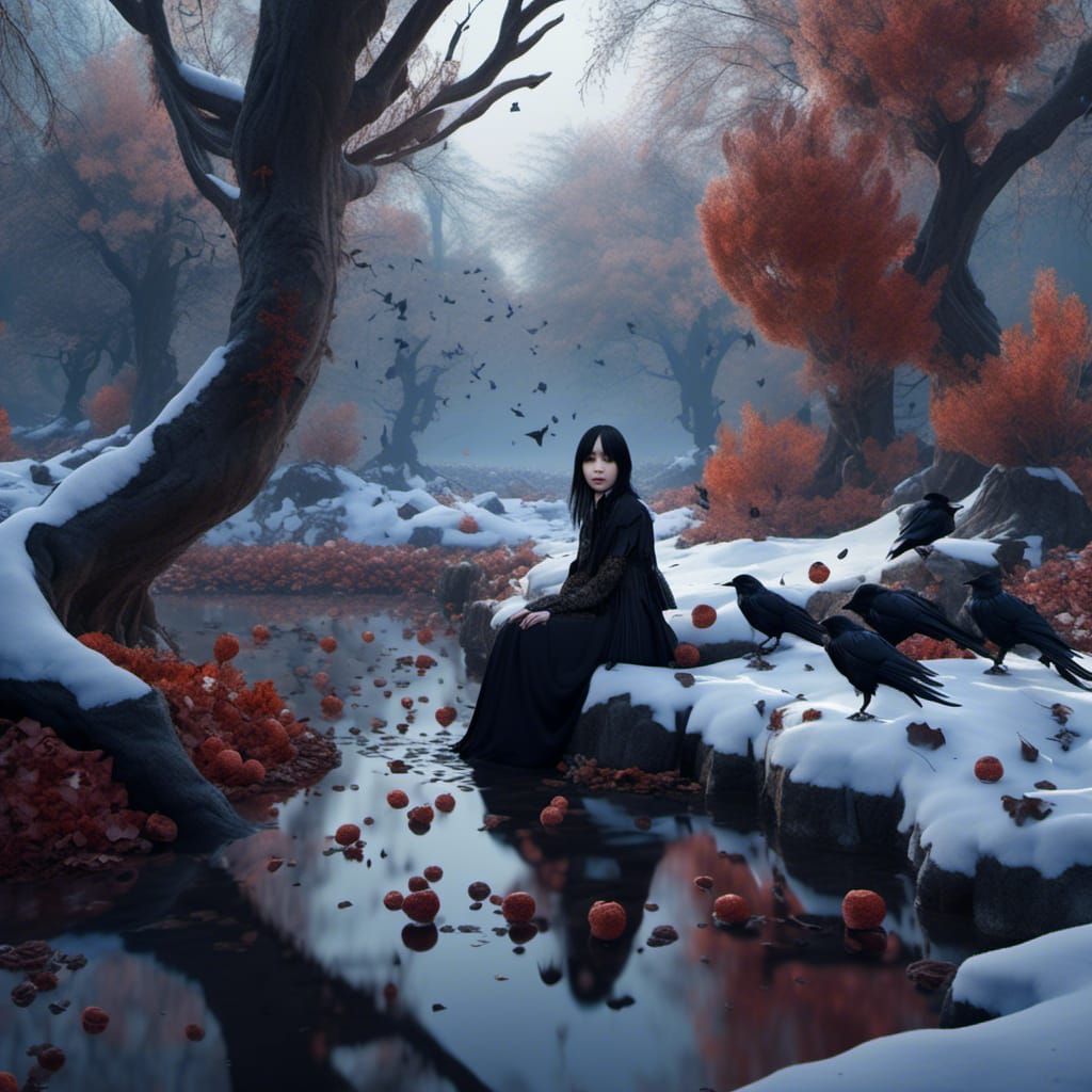 Asian Goth Girl in Winter Undergrowth with Crows