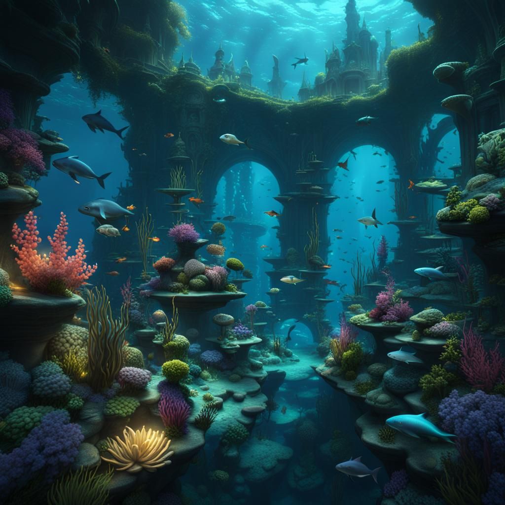 Bioluminescent Mermaid City in the Deep Ocean