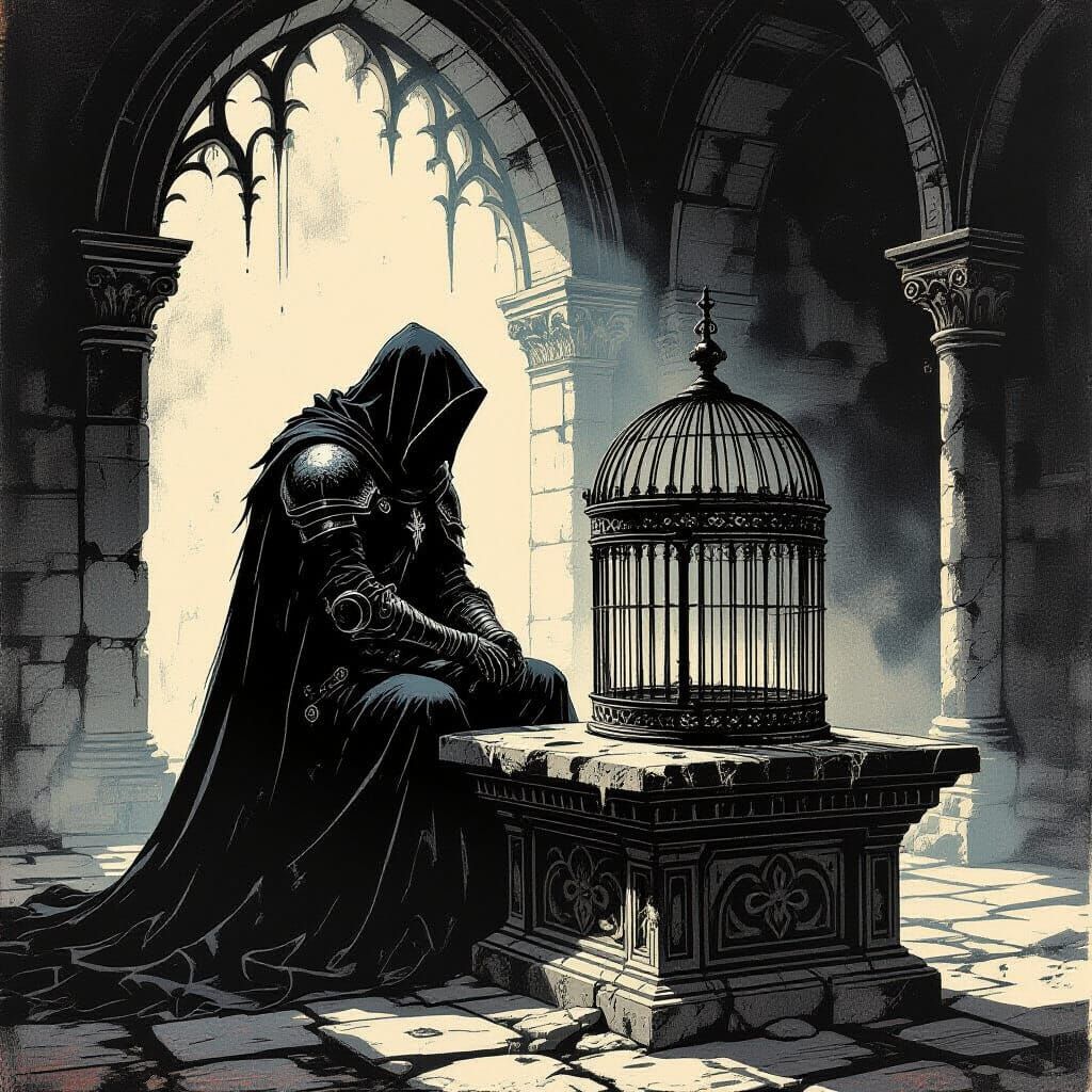 A spectral knight, cloaked in shadows, stands guard over an ...