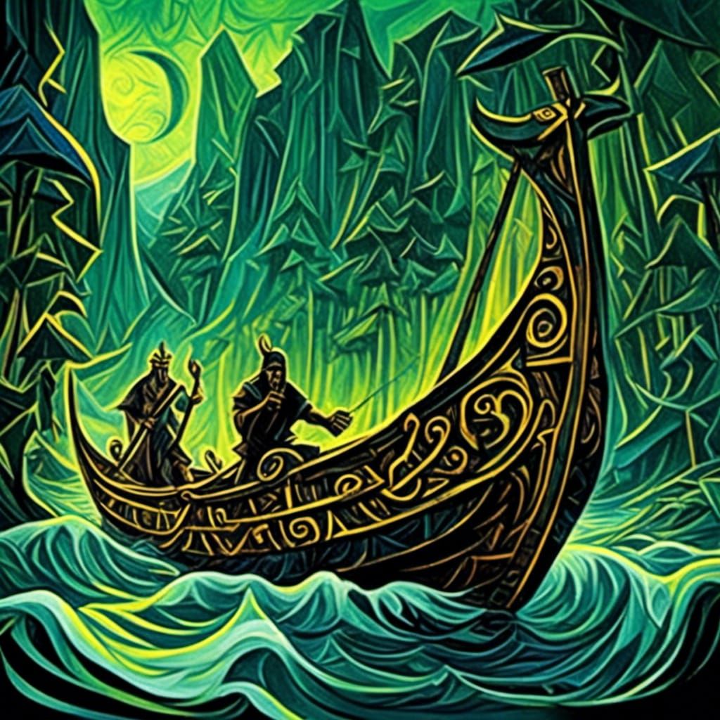 Viking Longboat in Mystical Fjord: Digital Art