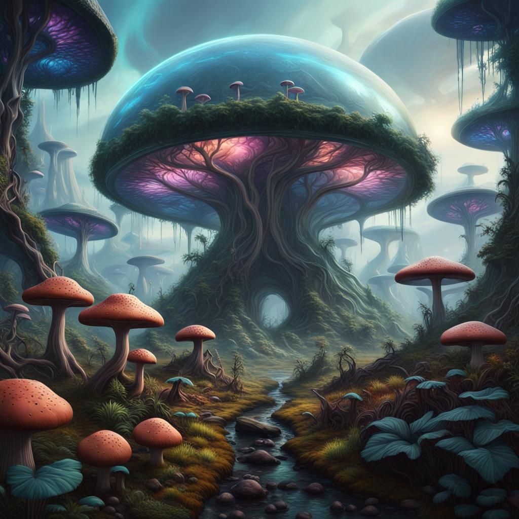 Alien Biosphere Ecosystem in Dome: Hyperrealistic Digital Ar...