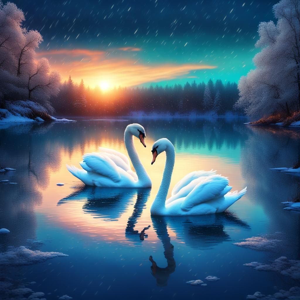 White Swans at Sunset in a Winter Lake
