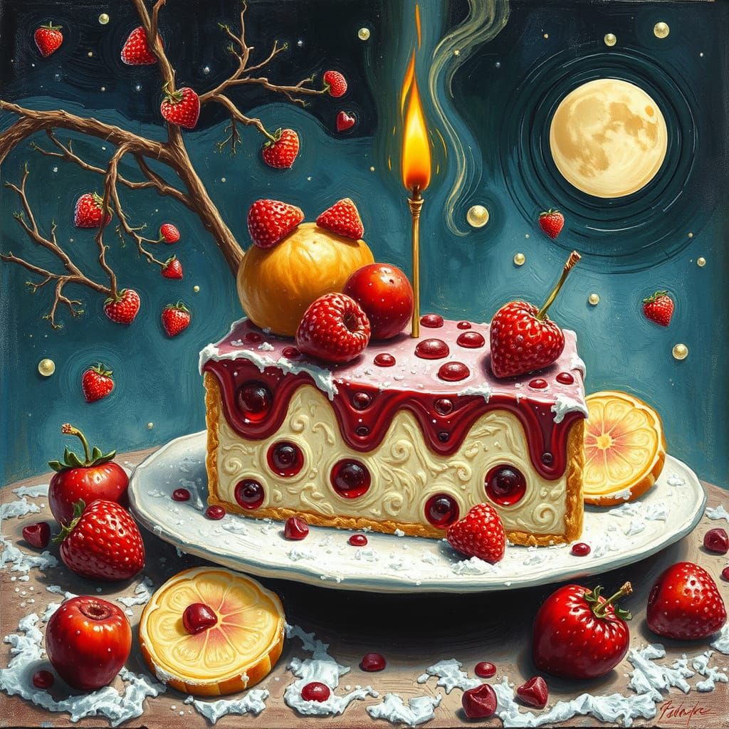 Fantastical Acrylic Painting of a Cherry Cake