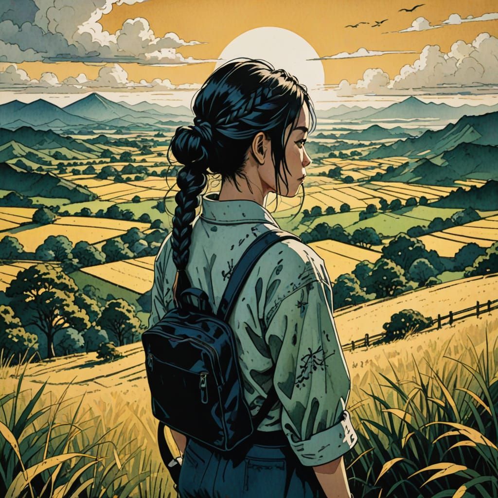 Anime Woman in Rural Landscape, Woodcut Style