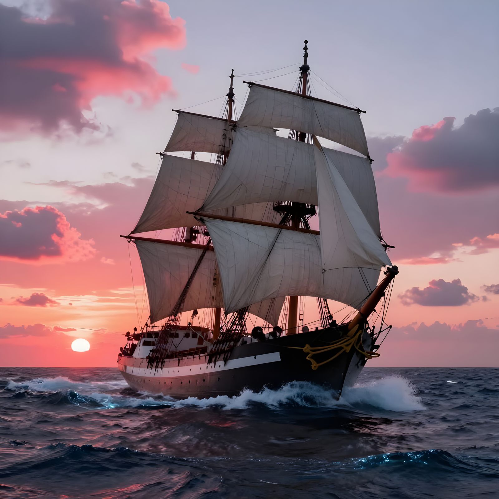 Clipper Ship Sails Southbound at Sunset on Bioluminescent Se...