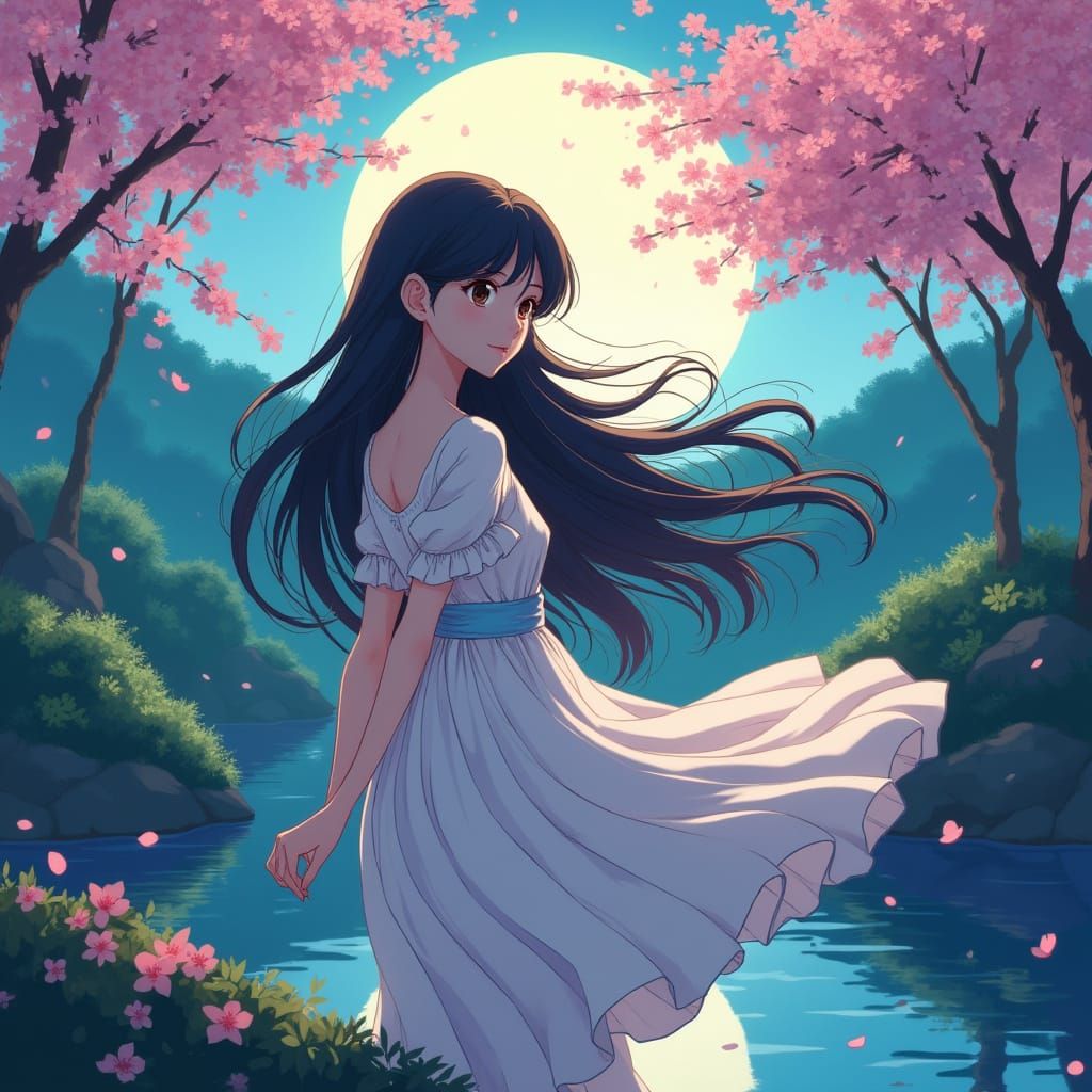Dreamlike Anime Goddess Under Cherry Blossoms