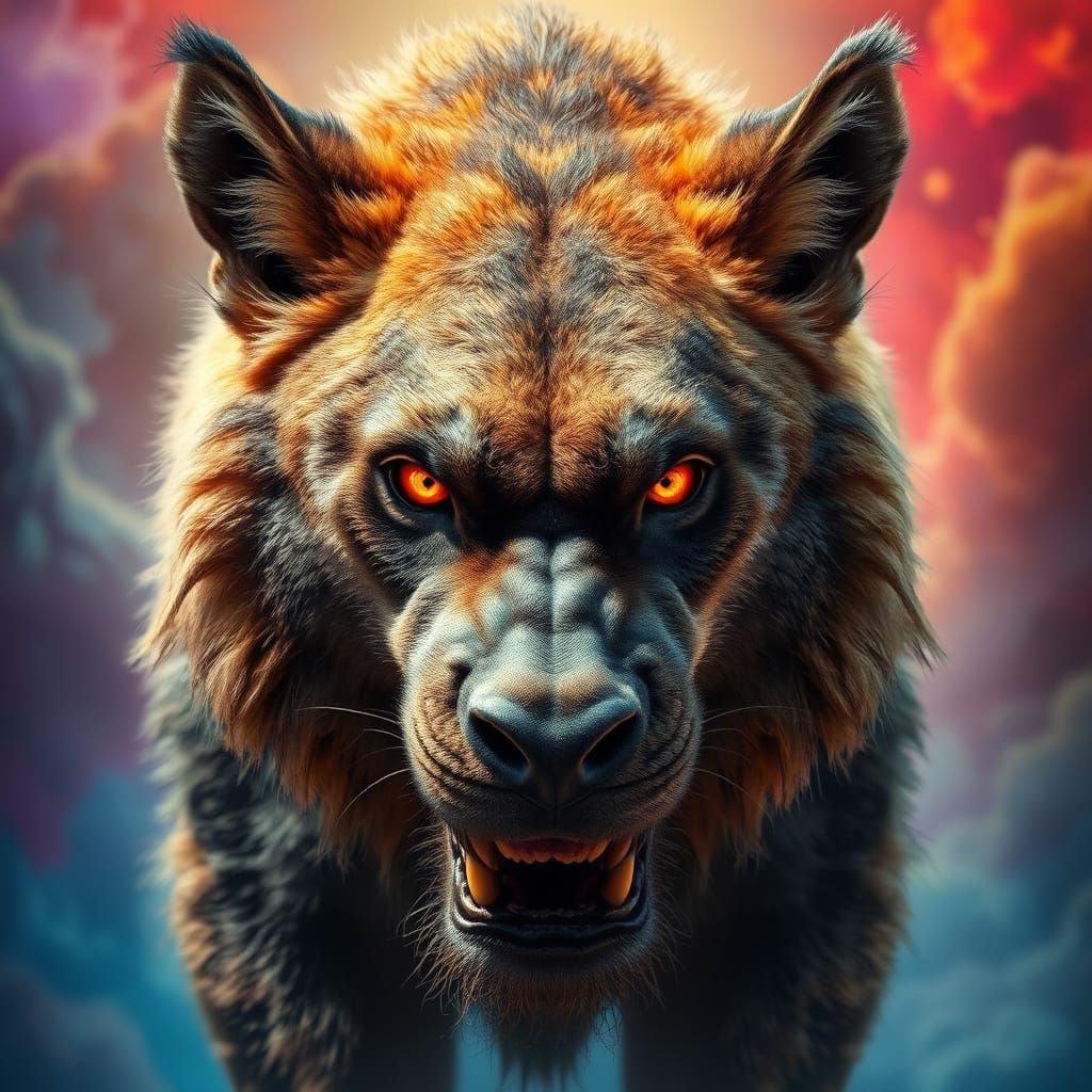 Hyperrealistic Wild Beast with Intense Gaze and Dramatic Bac...