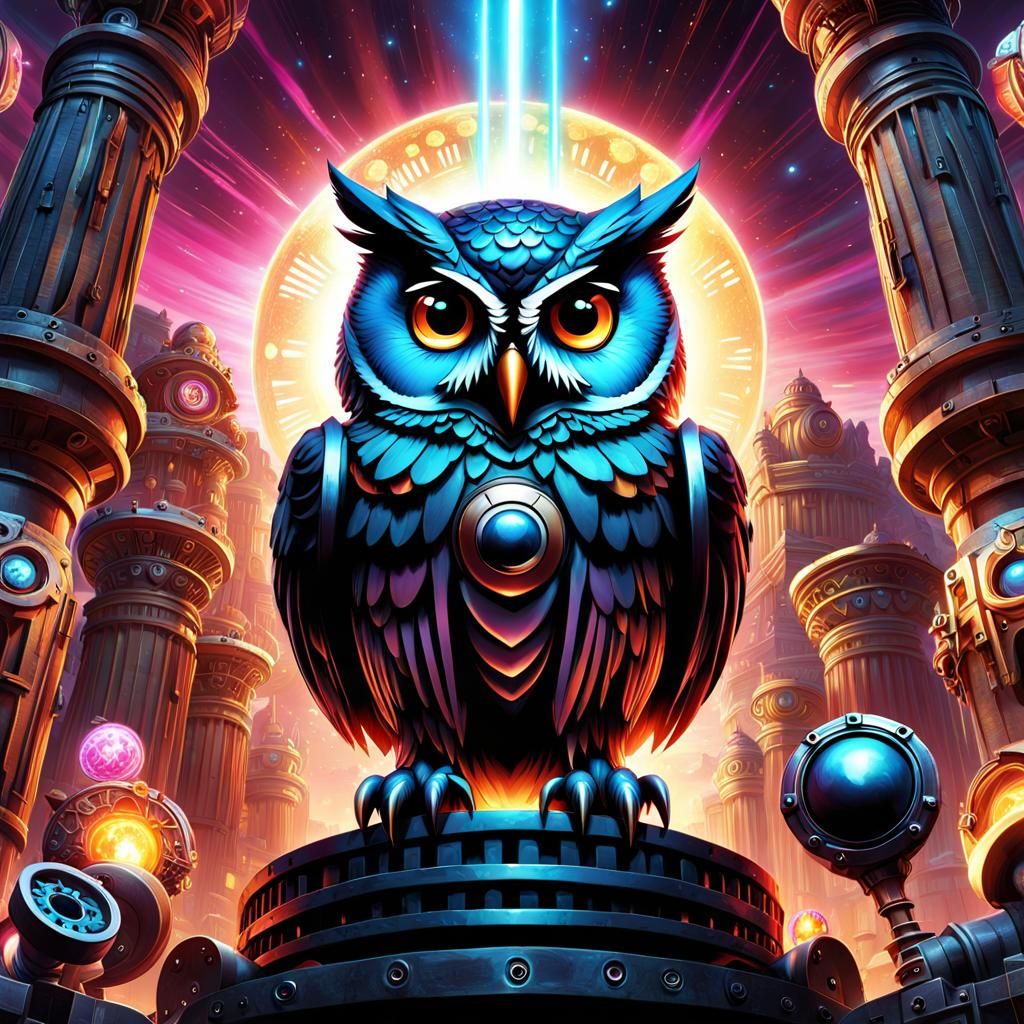 Cybernetic Owl Yelling in Surreal Landscape