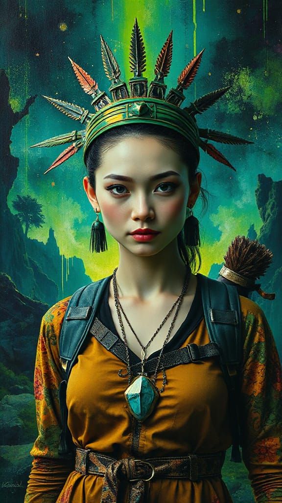 Woman Before Portal: Impasto Oil Painting in Cyberpunk Style