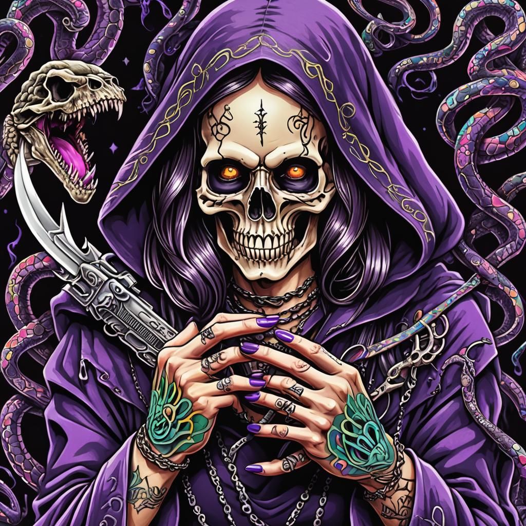 Grim Reaper Skull with Python in Quantum Tattoo Style