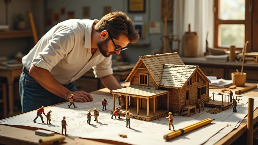 Architect Overseeing Miniature Construction: Whimsical Retro...