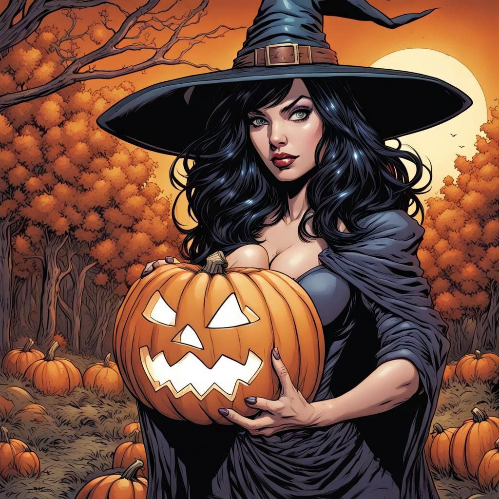 Comic Book Witch with Carved Pumpkin