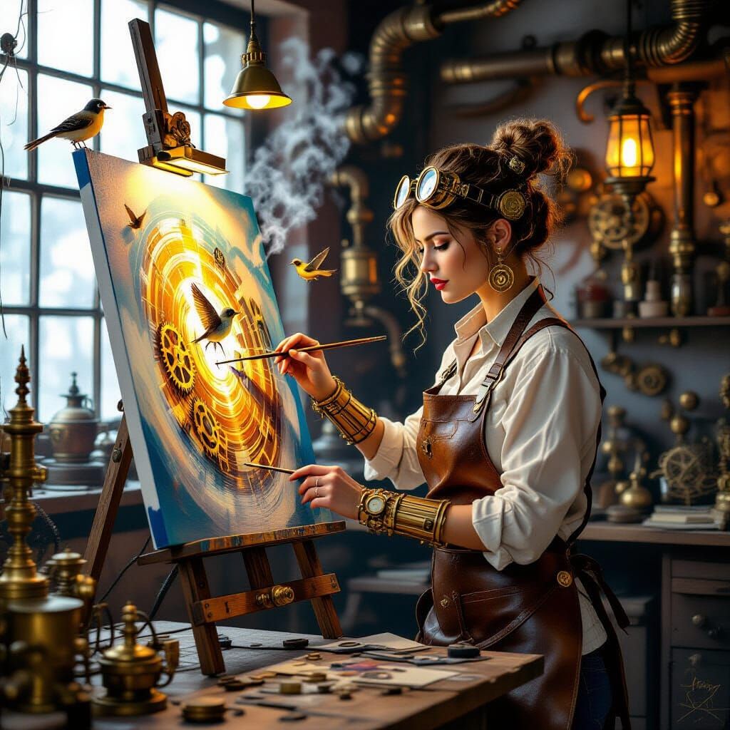 Steampunk Artist Painting Magical Gears and Vines