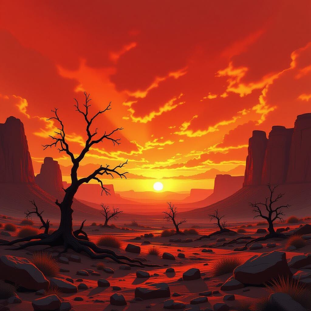 Fire Sky Over Barren Rocks: Digital Art