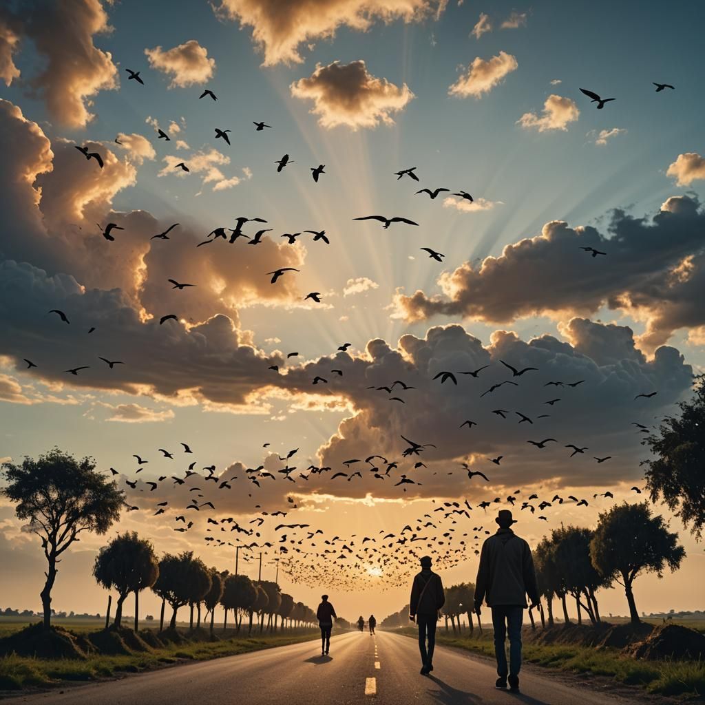 Rural Road Crossing with Storks in Golden Light