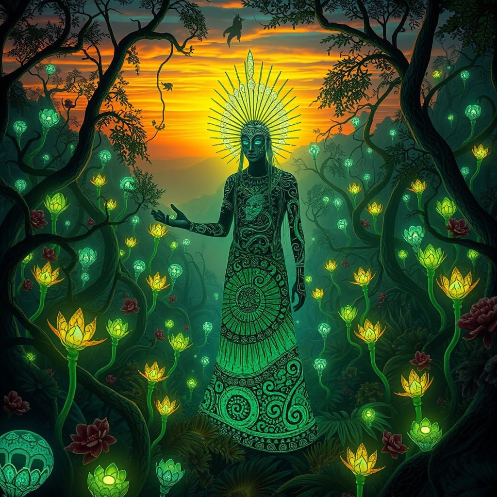 Mystical Shaman in Bioluminescent Fantasy Landscape