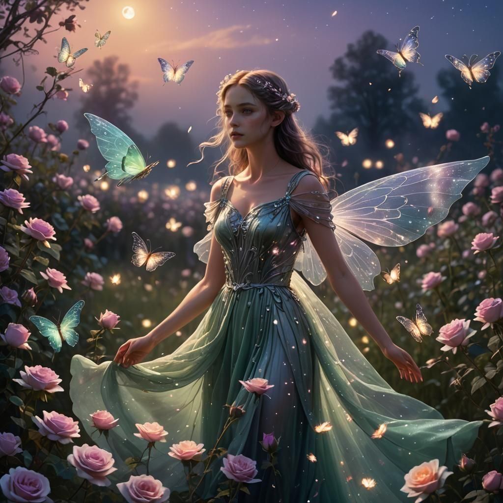 Fantasy Girl in Rose Field at Night