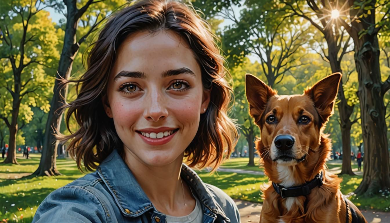 Girl Taking Selfie in Park: Hyper-Realistic Portrait