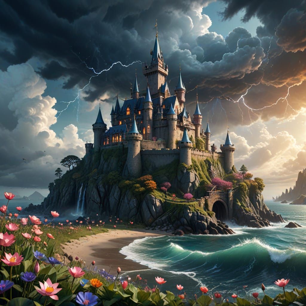 Surreal Stormbound Castle Shines Bright Amidst Lotus Flowers...