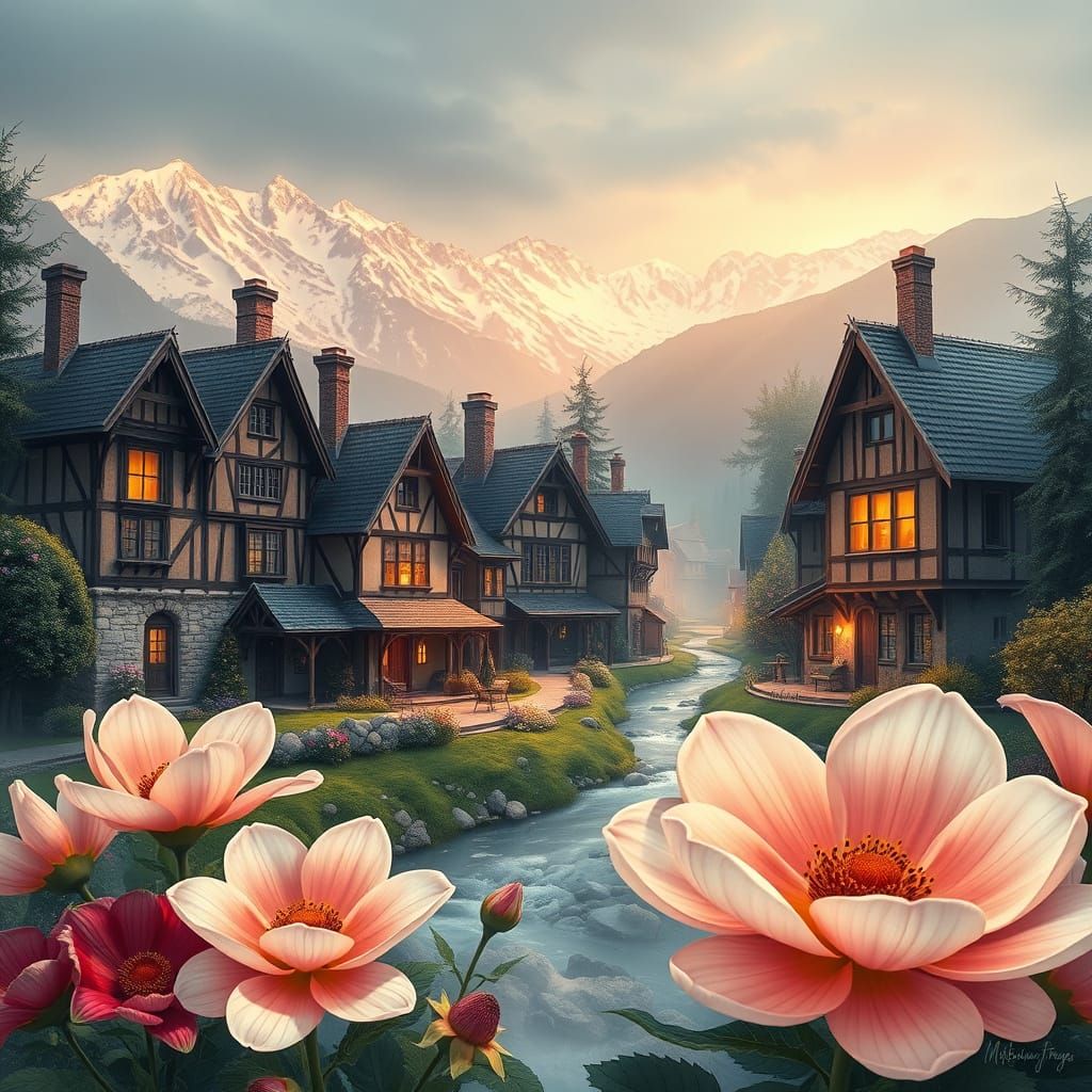 Victorian Village Amidst Majestic Snow-Capped Mountains in D...