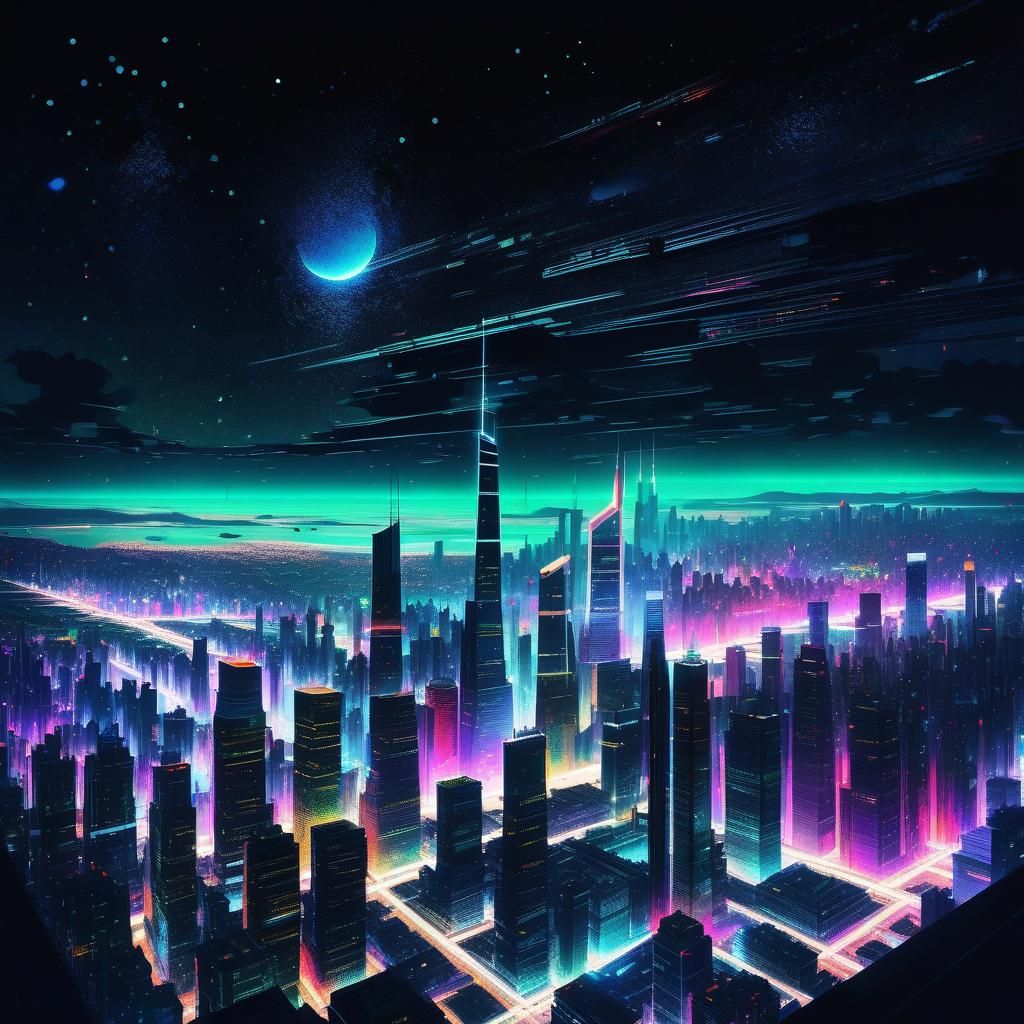 Neon City Skyline Under Starry Night Sky
