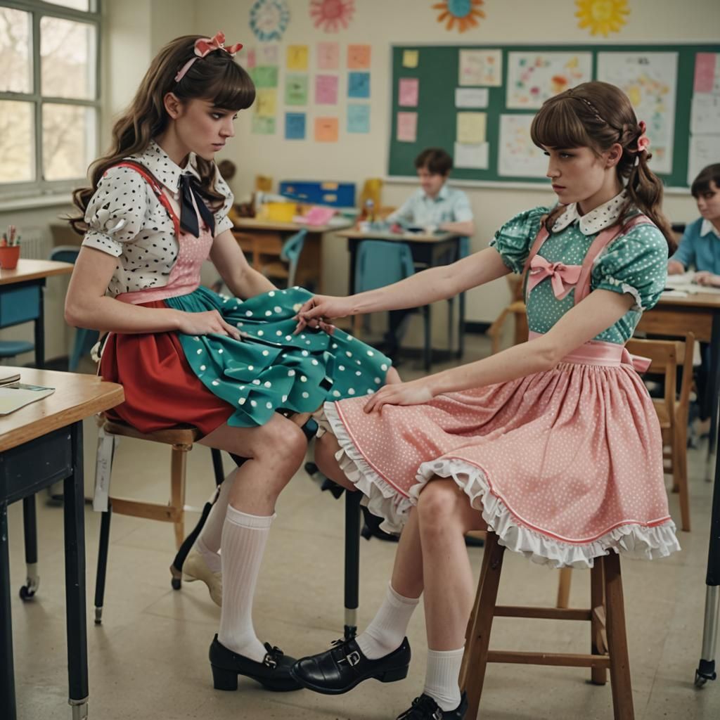 Girl fixes Boy's Dress in Classroom: Cinematic Still